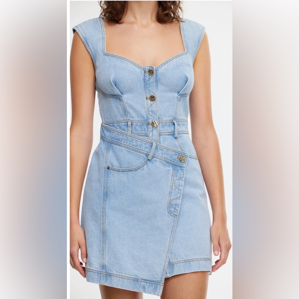 Acler Light Wash Denim Square-Neck Mini Dress